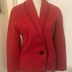 Rod’s Red Shawl Collar Fringed Knit Cardigan